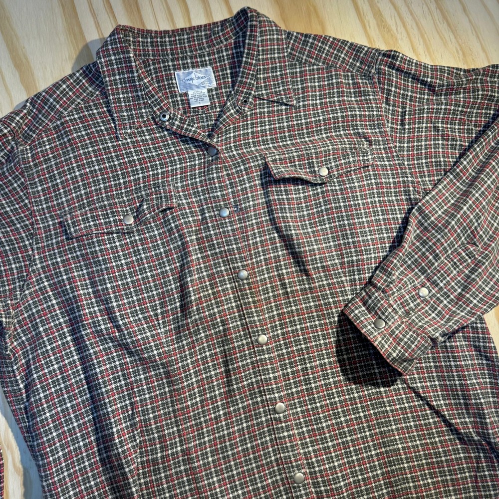 Wrangler Men's Classic Blues Plaid Pearl Snap Western Flannel Shirt Gray Red L